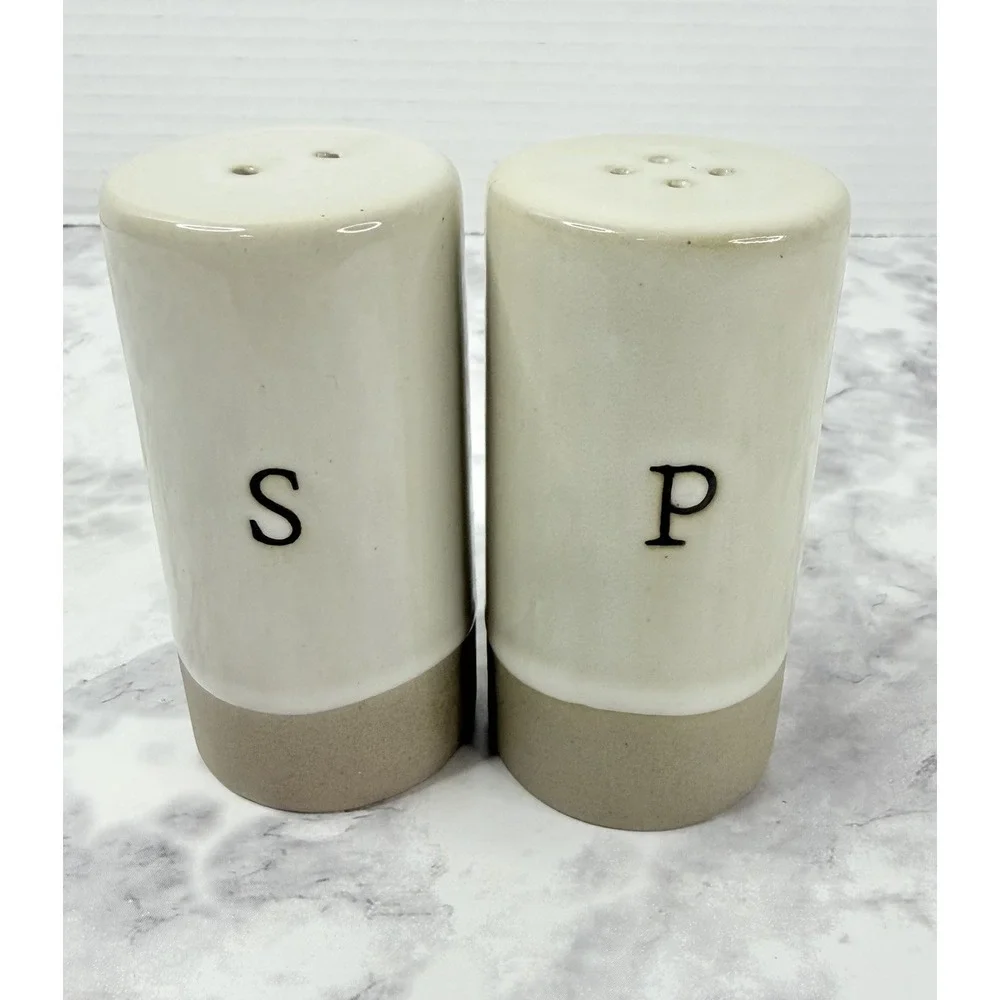Hearth & Hand Stoneware Salt & Pepper Shakers Cream Tan P S Joanna Gaines EUC